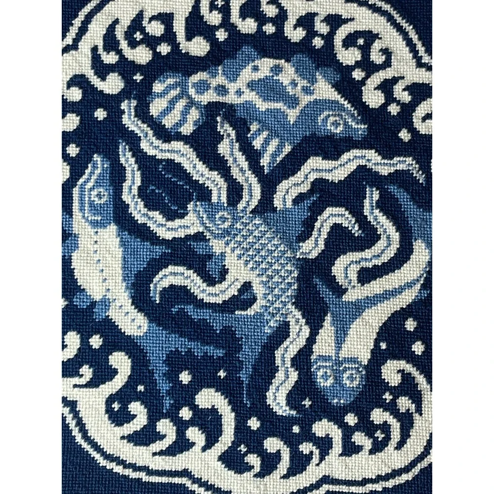 Vintage Hand Stitched Needlepoint Canvas Blue White Koi Fish Medallion